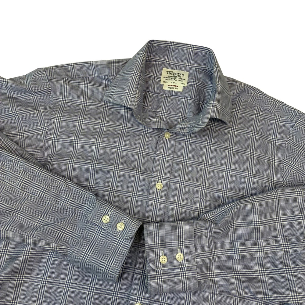 TM Lewin Dress Shirt Mens 15.5 34.5 Blue Glen Plaid Non-Iron Regular Fit‎ Cotton